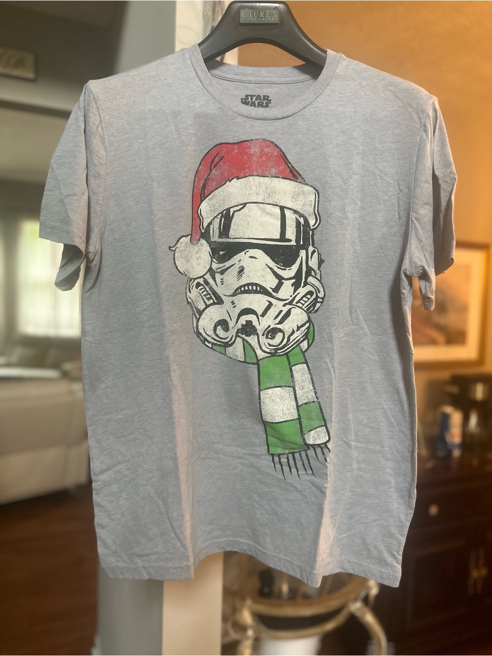 Star Wars Gray Tee with Red & Green Stormtrooper Holiday Graphic